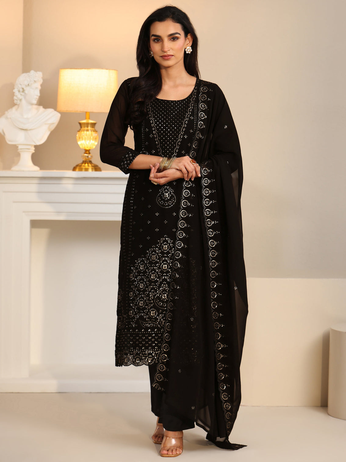 Mameraa Black Embroidered Georgette Straight Suit Set