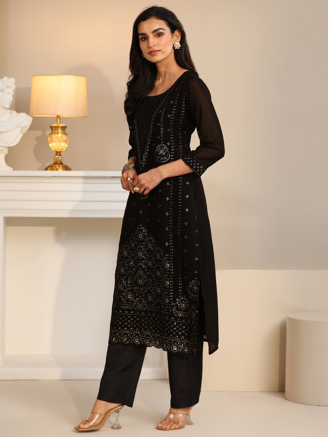 Mameraa Black Embroidered Georgette Straight Suit Set