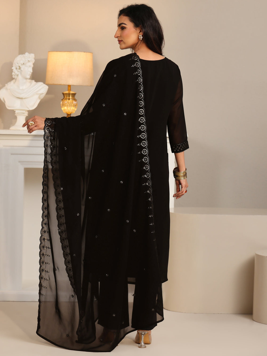 Mameraa Black Embroidered Georgette Straight Suit Set