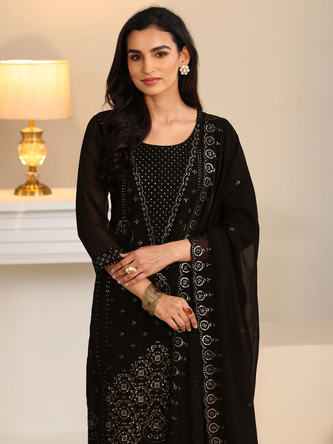 Mameraa Black Embroidered Georgette Straight Suit Set