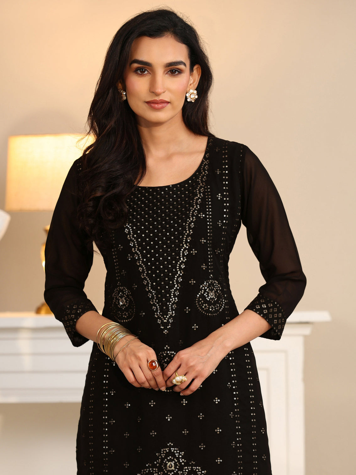 Mameraa Black Embroidered Georgette Straight Suit Set