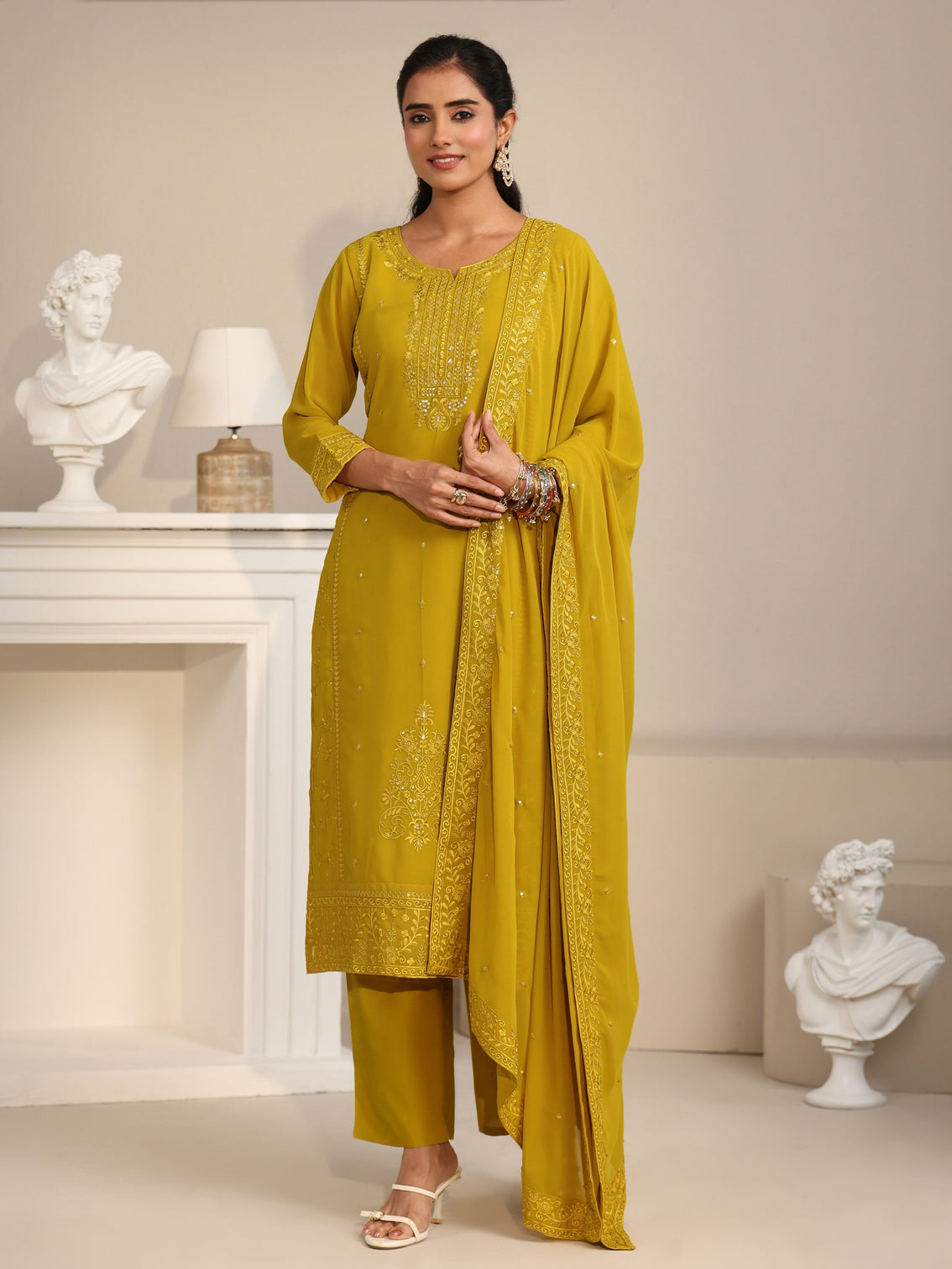 Mameraa Mustard Floral Embroidered Georgette Straight Suit Set