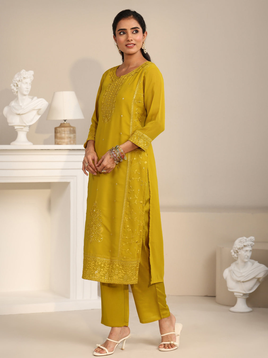 Mameraa Mustard Floral Embroidered Georgette Straight Suit Set