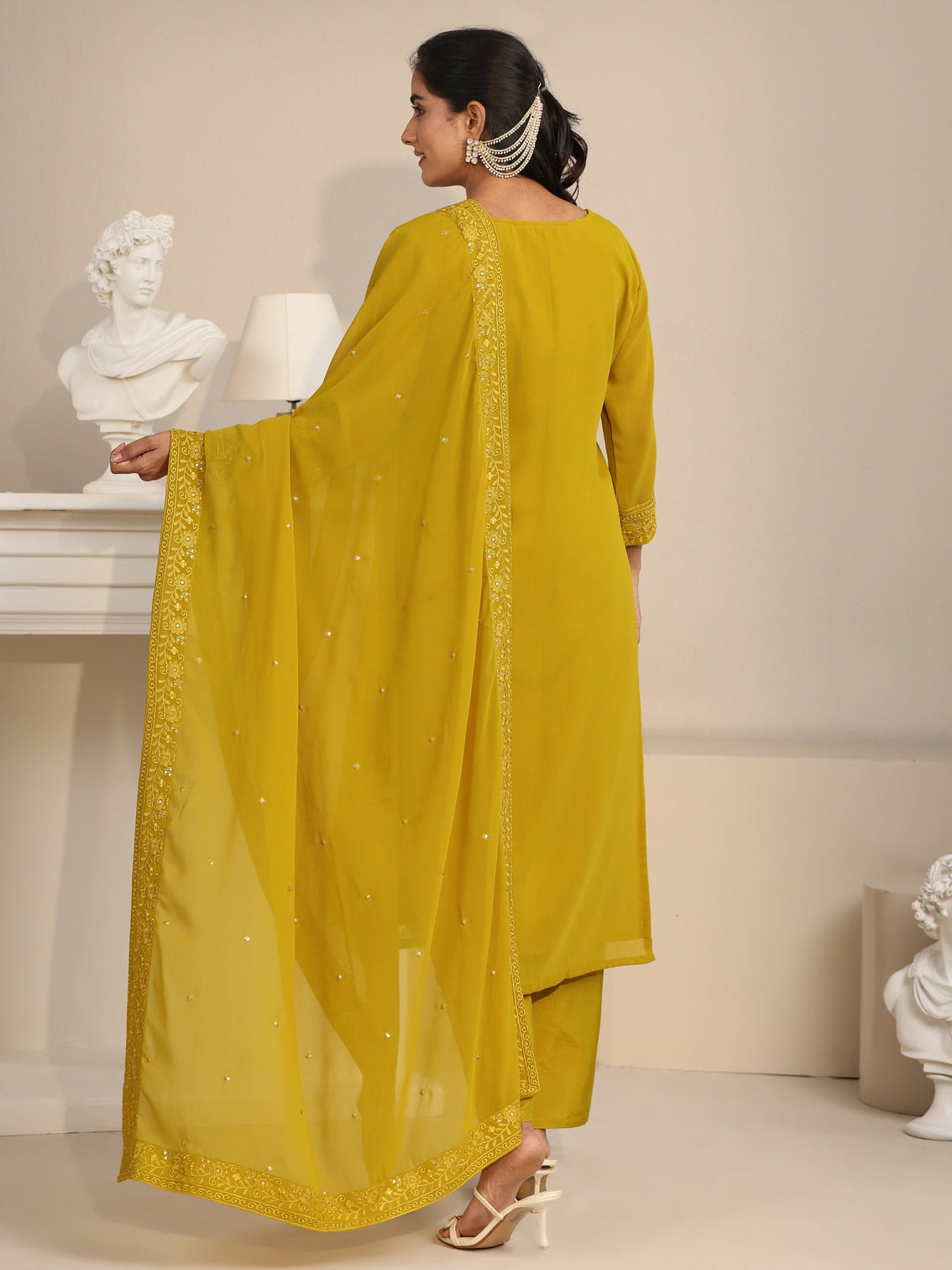 Mameraa Mustard Floral Embroidered Georgette Straight Suit Set