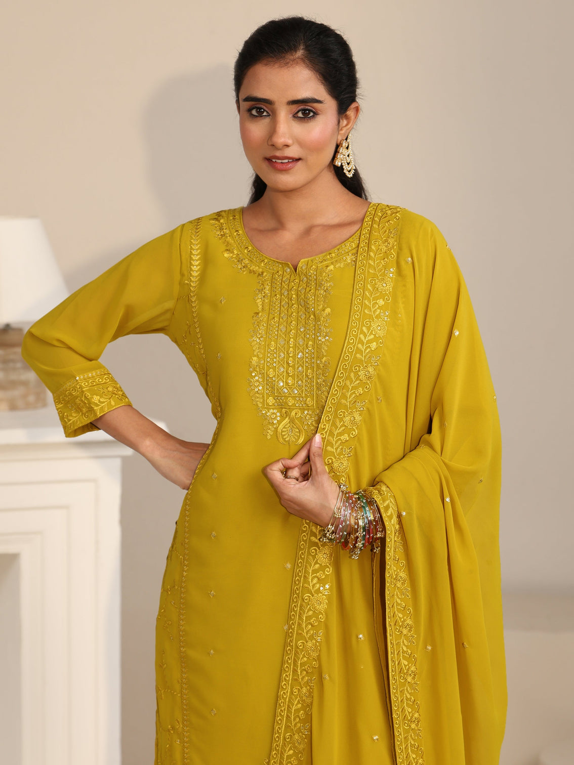 Mameraa Mustard Floral Embroidered Georgette Straight Suit Set