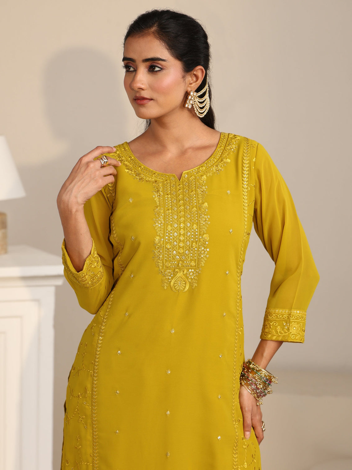 Mameraa Mustard Floral Embroidered Georgette Straight Suit Set