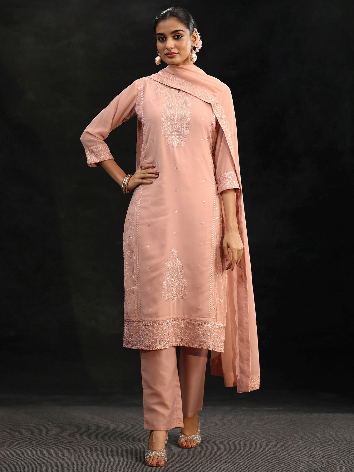 Mameraa Peach Embroidered Georgette Straight Suit Set