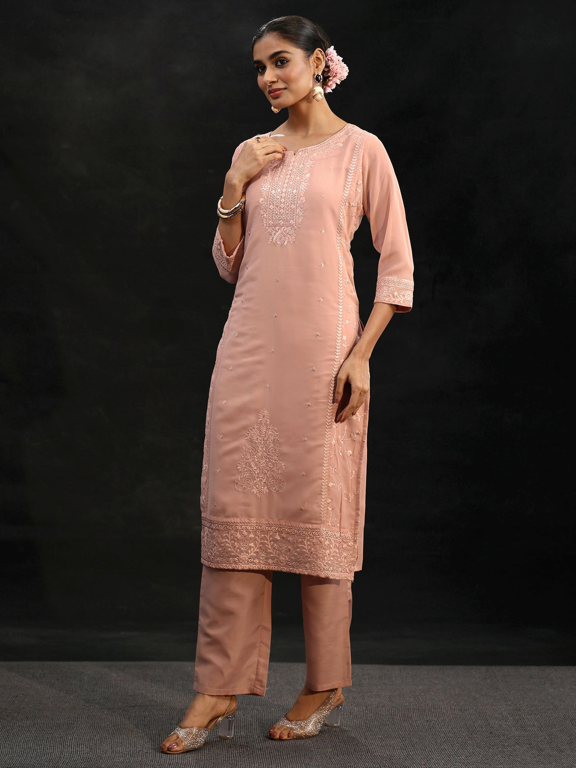 Mameraa Peach Embroidered Georgette Straight Suit Set
