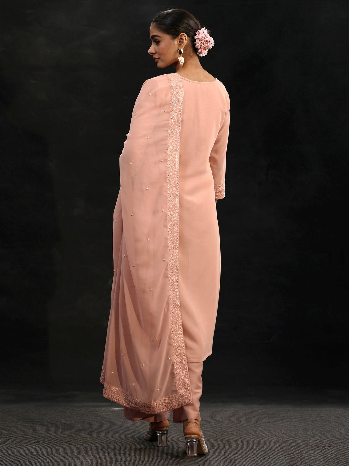 Mameraa Peach Embroidered Georgette Straight Suit Set