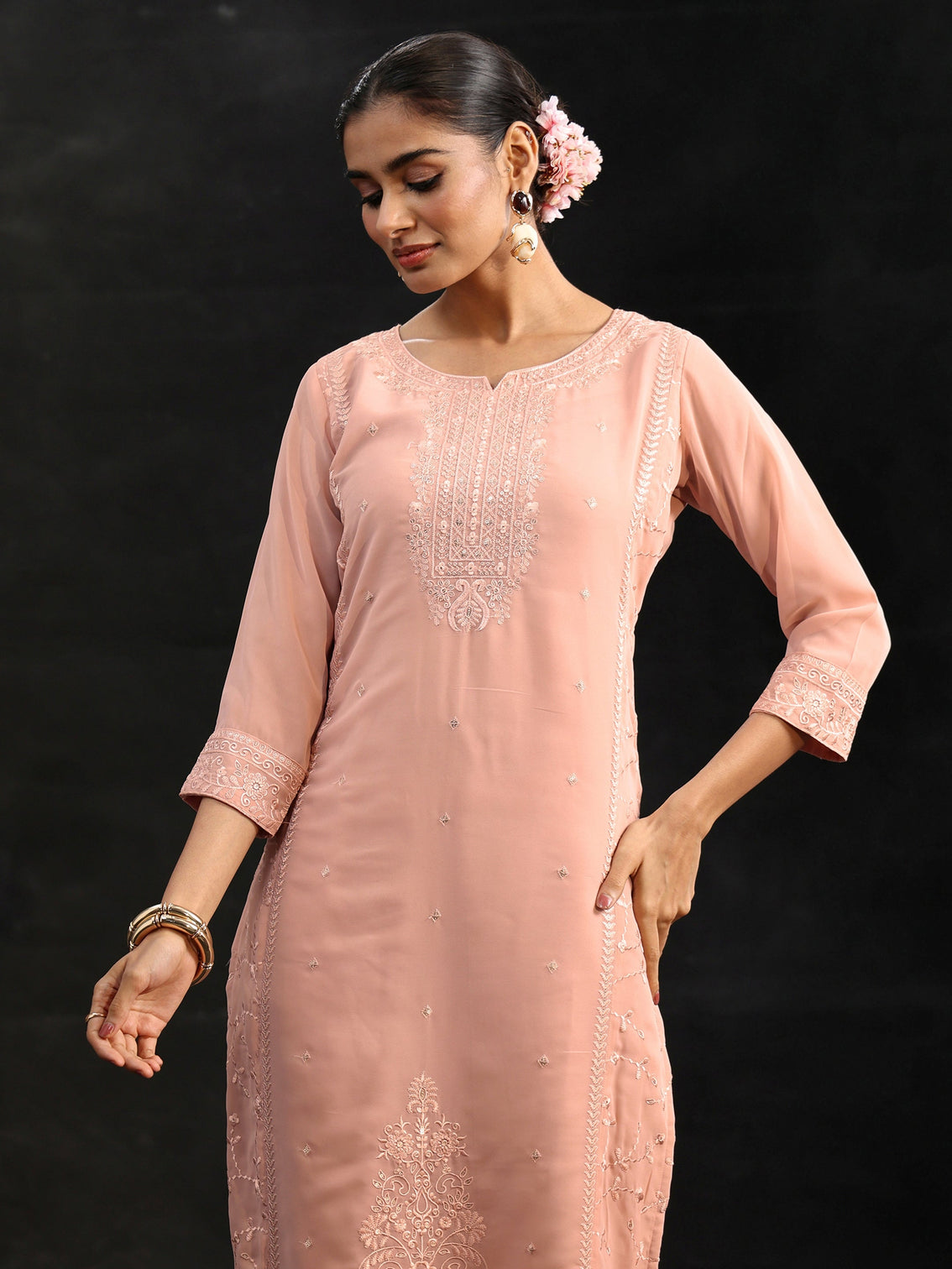 Mameraa Peach Embroidered Georgette Straight Suit Set