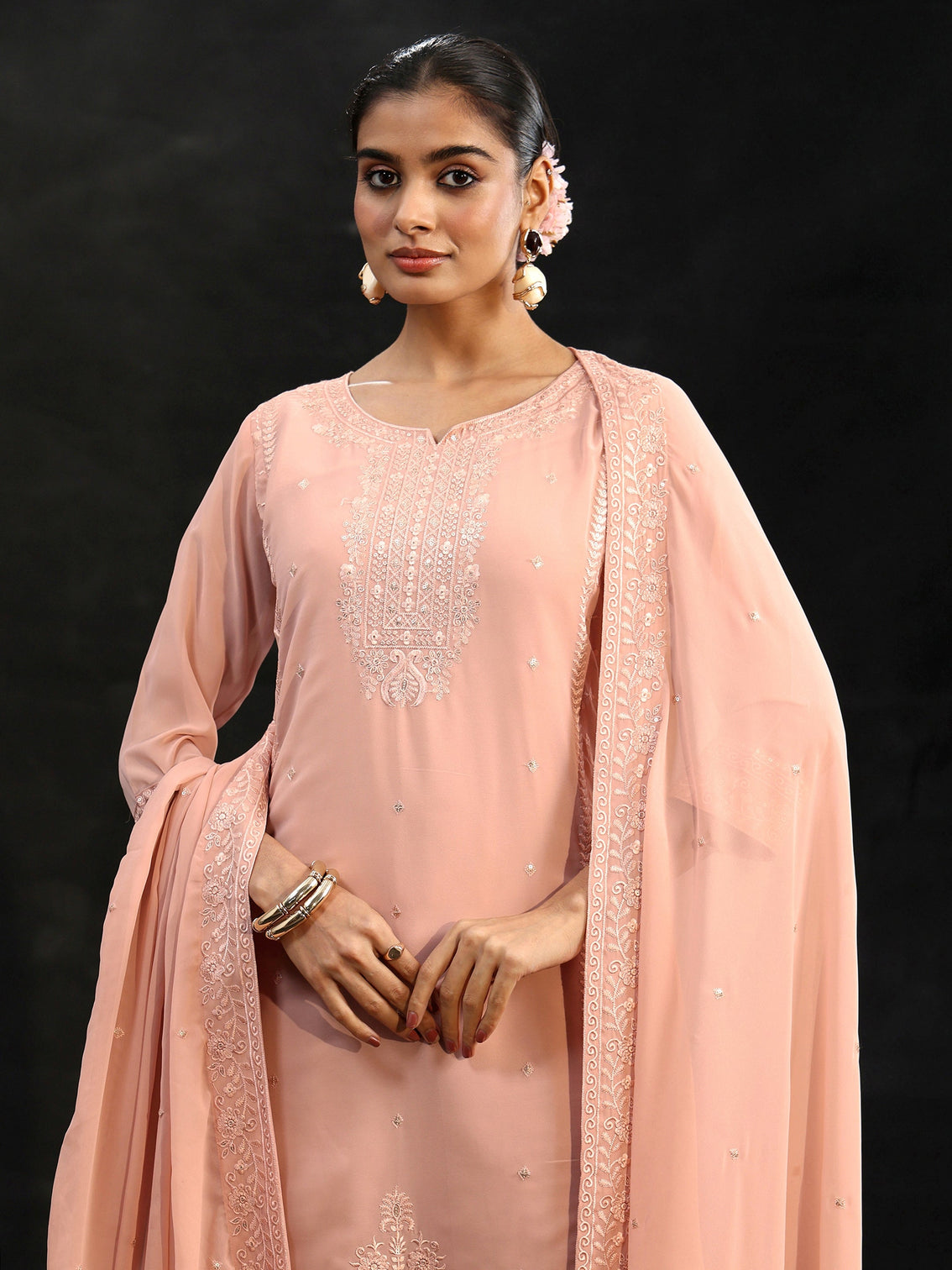 Mameraa Peach Embroidered Georgette Straight Suit Set