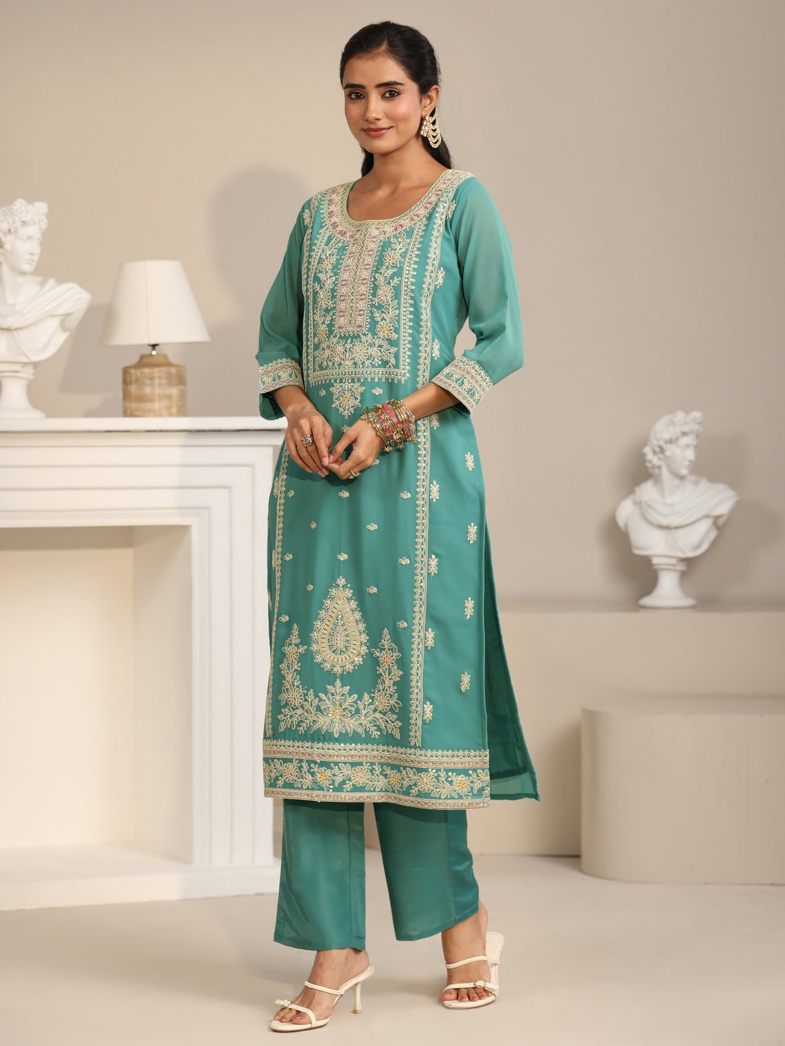 Mameraa Sea Green Floral Embroidered Georgette Straight Suit Set