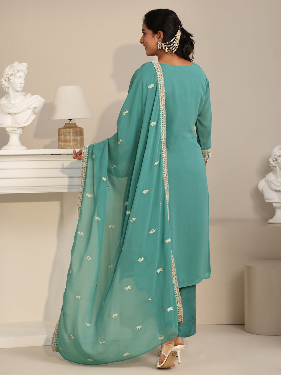 Mameraa Sea Green Floral Embroidered Georgette Straight Suit Set