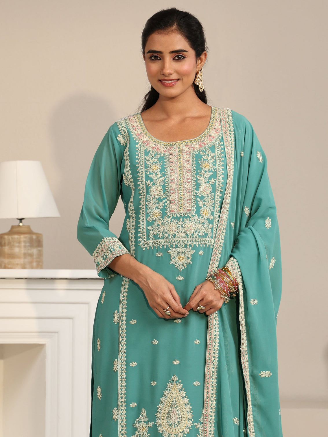 Mameraa Sea Green Floral Embroidered Georgette Straight Suit Set