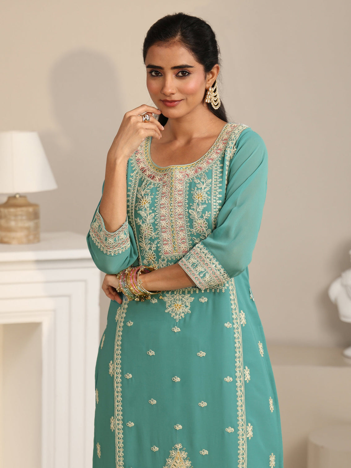 Mameraa Sea Green Floral Embroidered Georgette Straight Suit Set