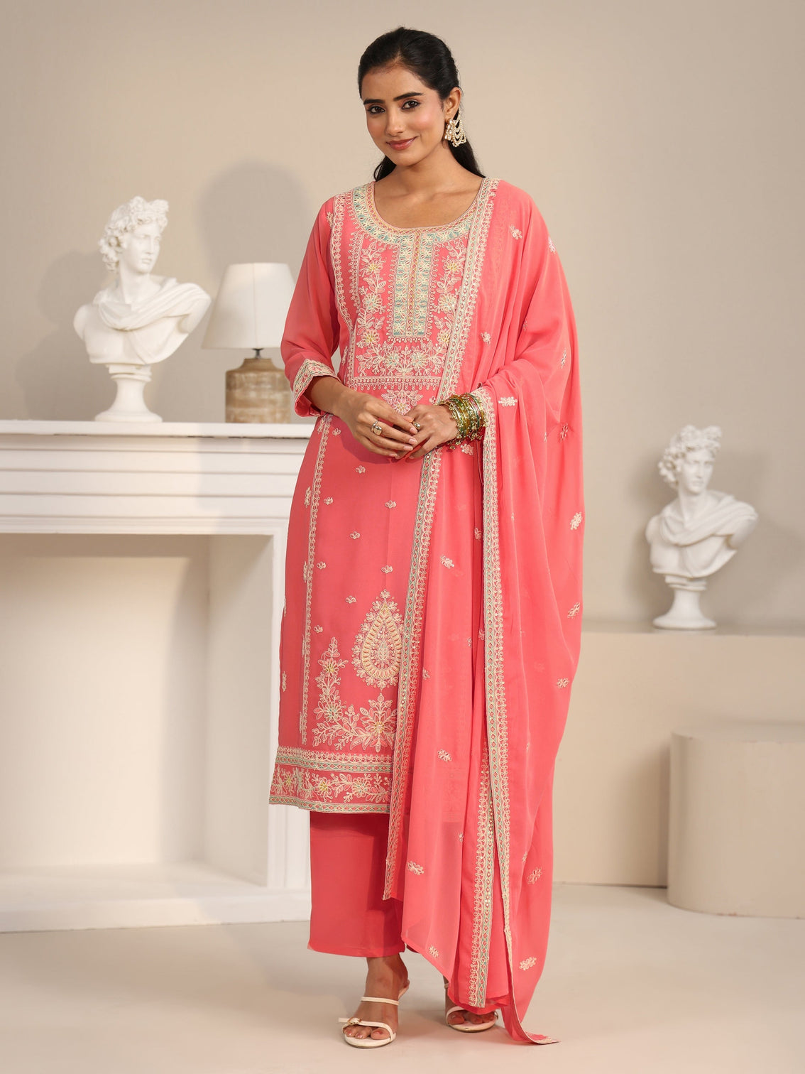 Mameraa Coral Floral Embroidered Georgette Straight Suit Set