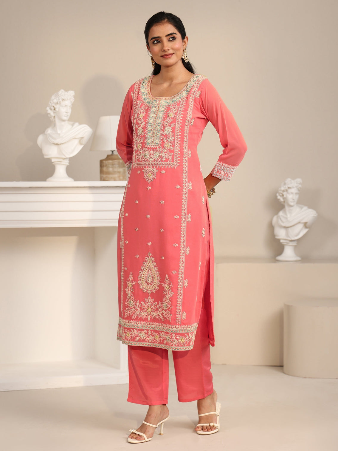 Mameraa Coral Floral Embroidered Georgette Straight Suit Set