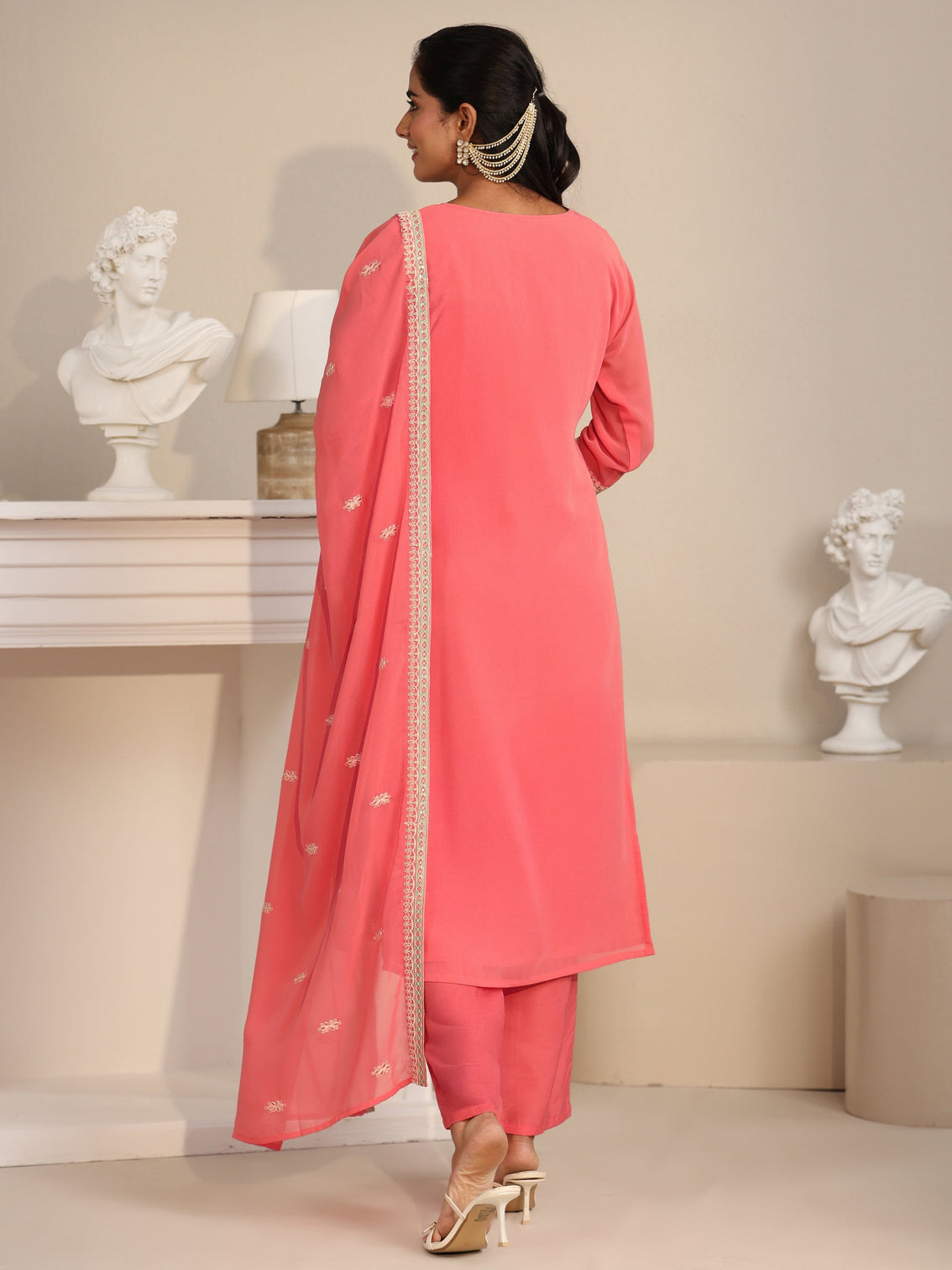 Mameraa Coral Floral Embroidered Georgette Straight Suit Set