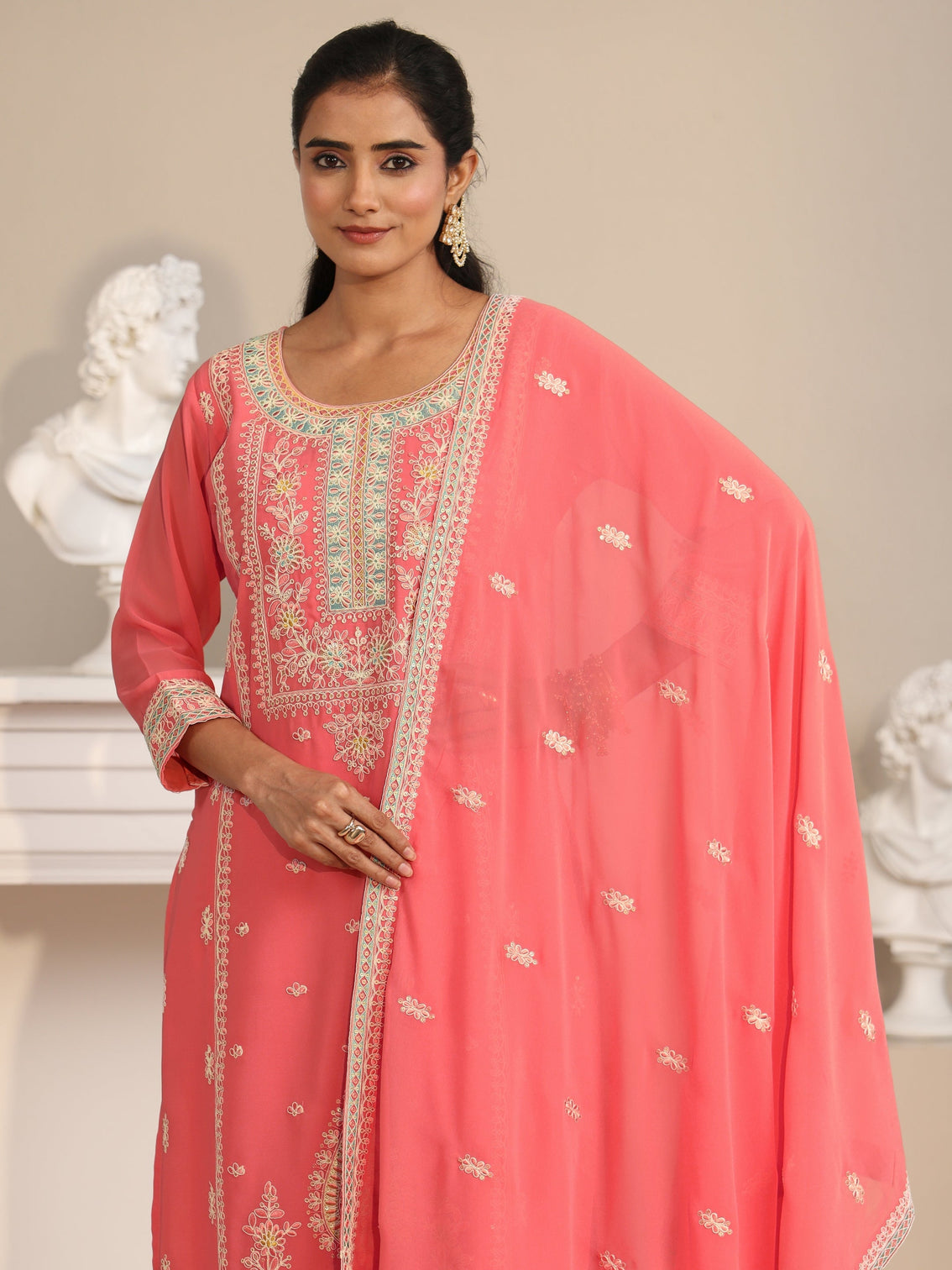 Mameraa Coral Floral Embroidered Georgette Straight Suit Set