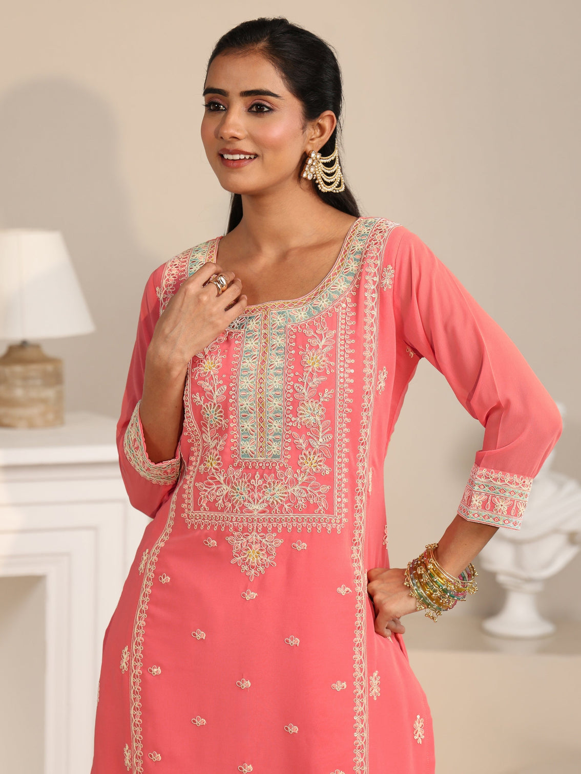 Mameraa Coral Floral Embroidered Georgette Straight Suit Set