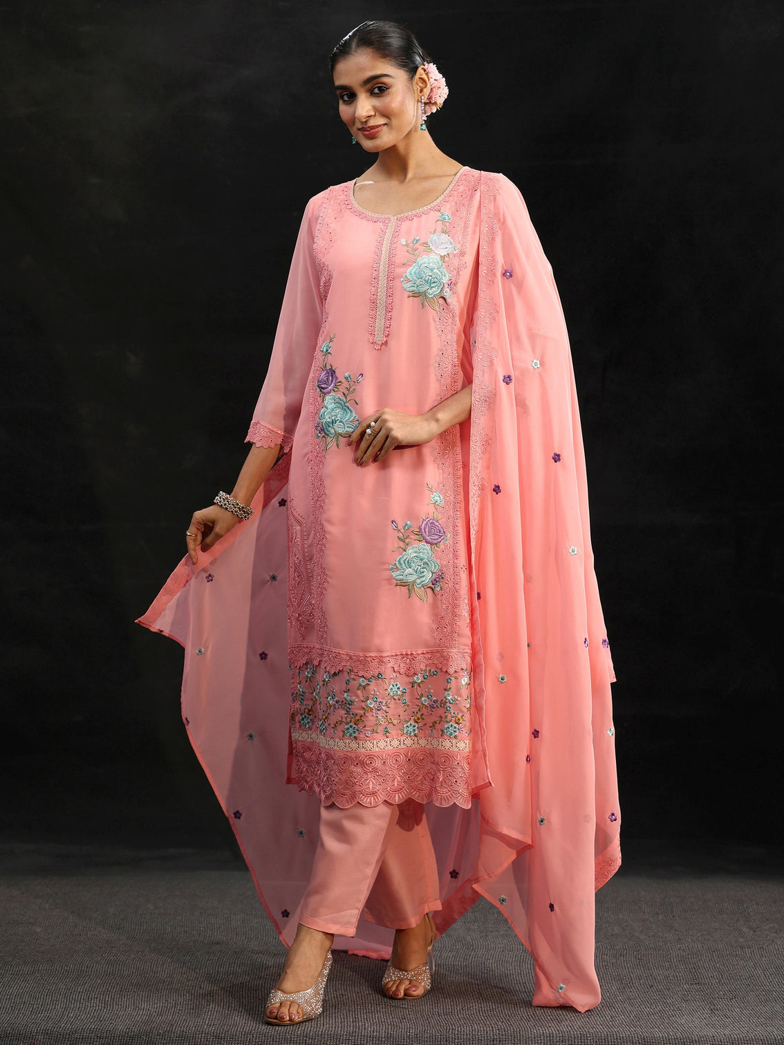 Mameraa Baby Pink Floral Embroidered Georgette Straight Suit Set