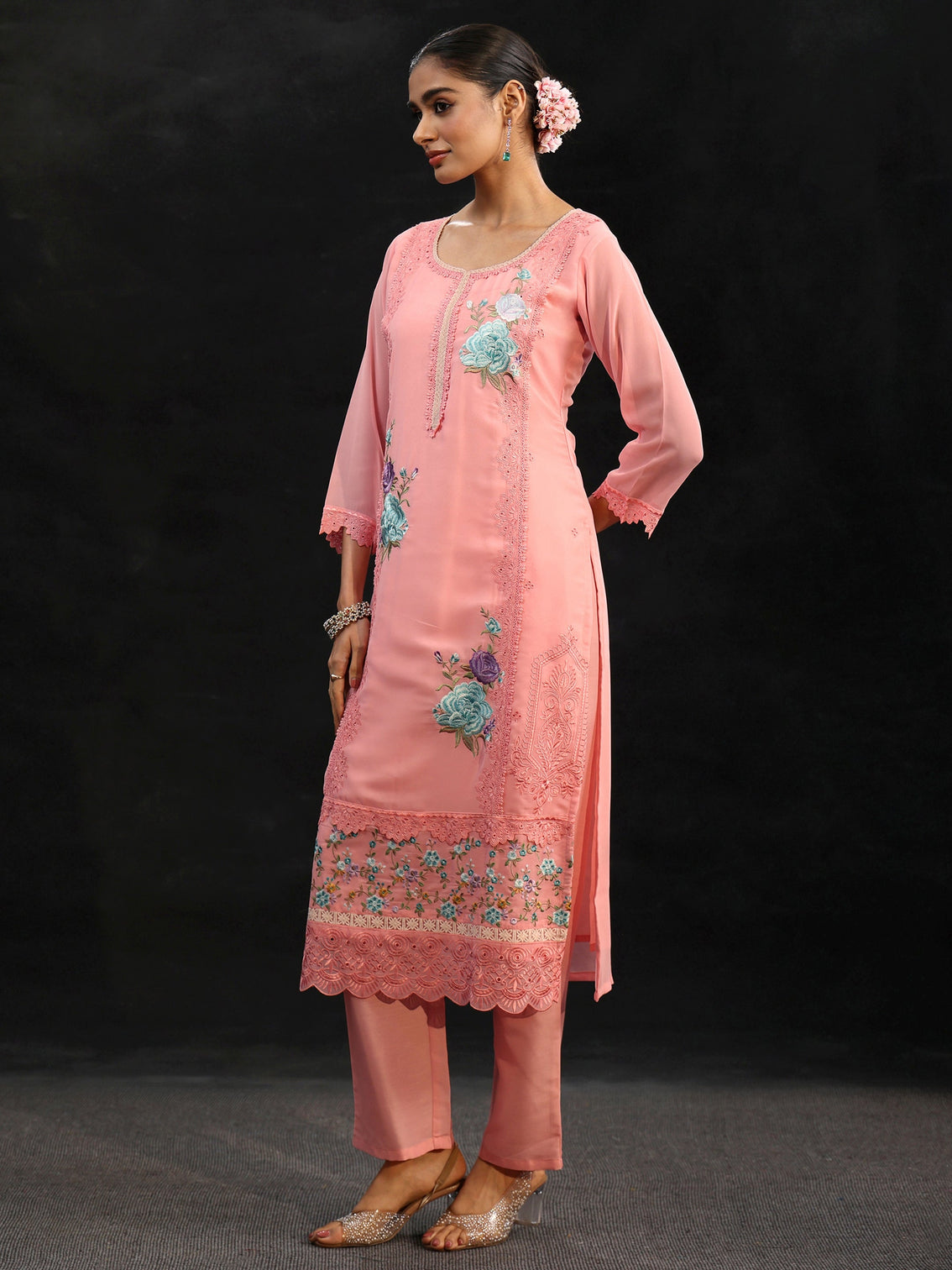 Mameraa Baby Pink Floral Embroidered Georgette Straight Suit Set