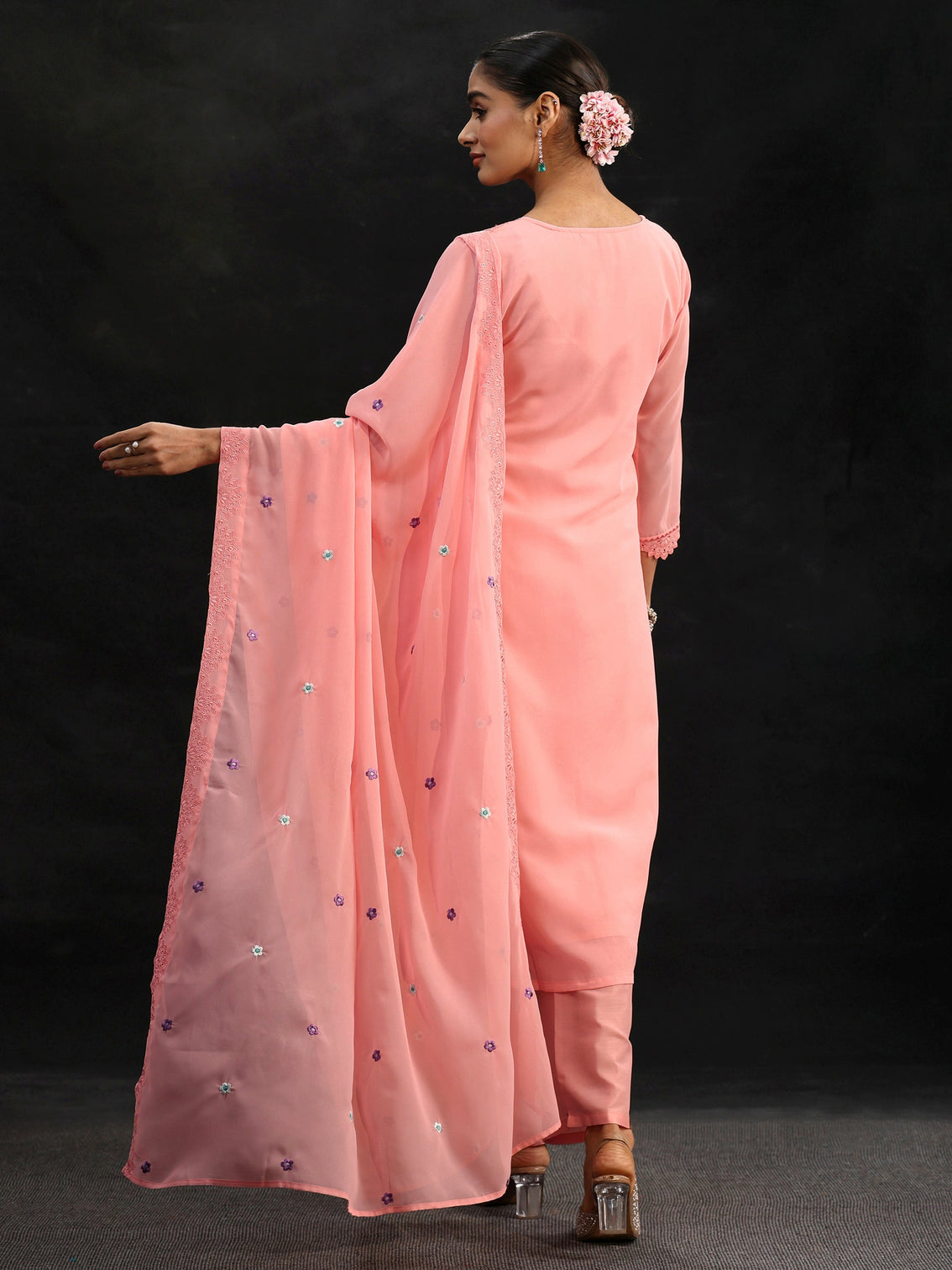 Mameraa Baby Pink Floral Embroidered Georgette Straight Suit Set