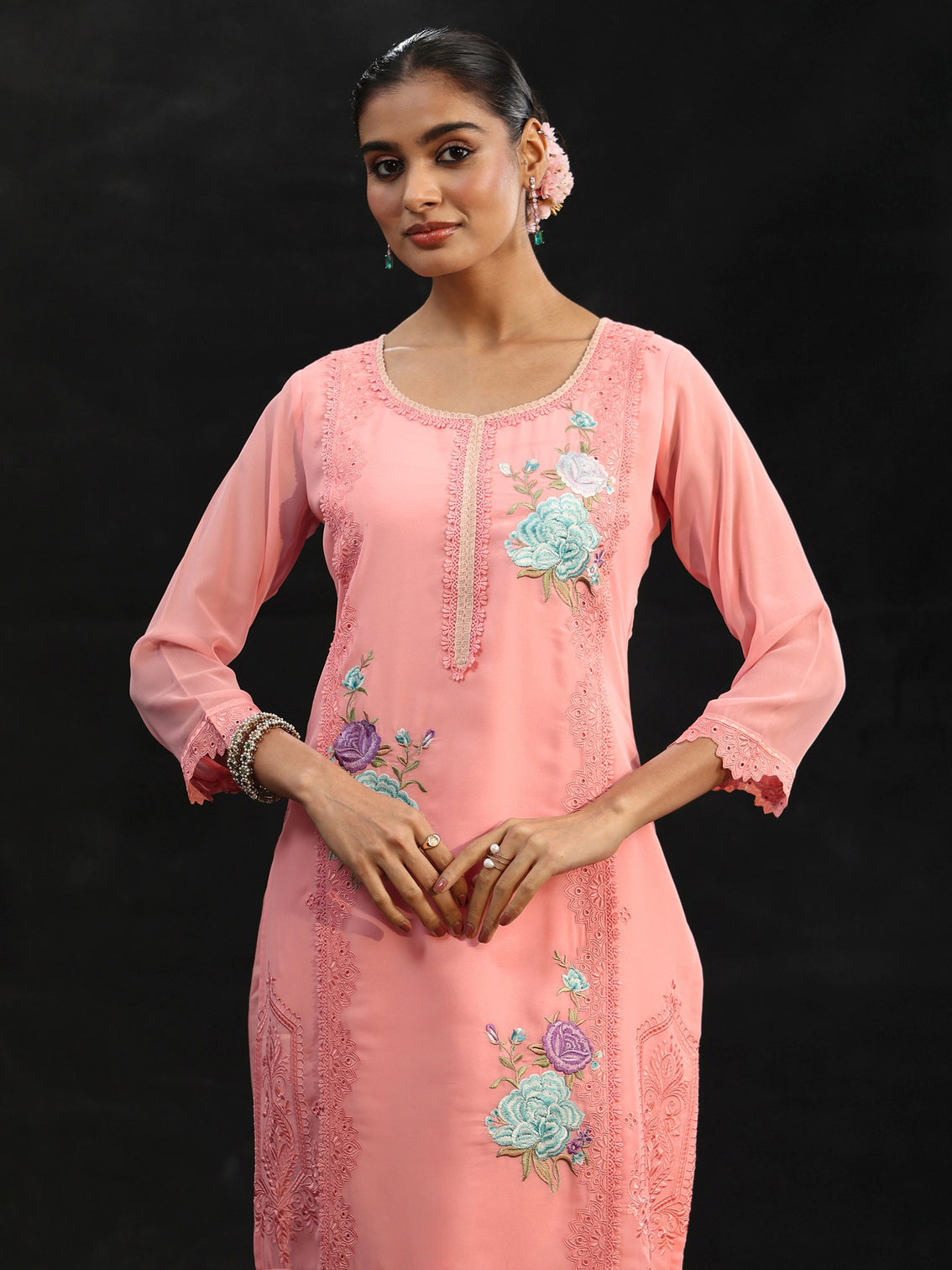 Mameraa Baby Pink Floral Embroidered Georgette Straight Suit Set