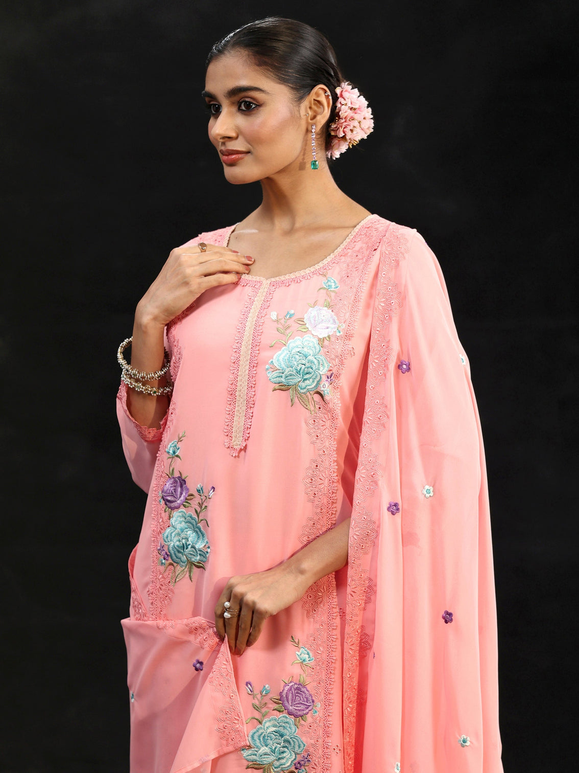 Mameraa Baby Pink Floral Embroidered Georgette Straight Suit Set