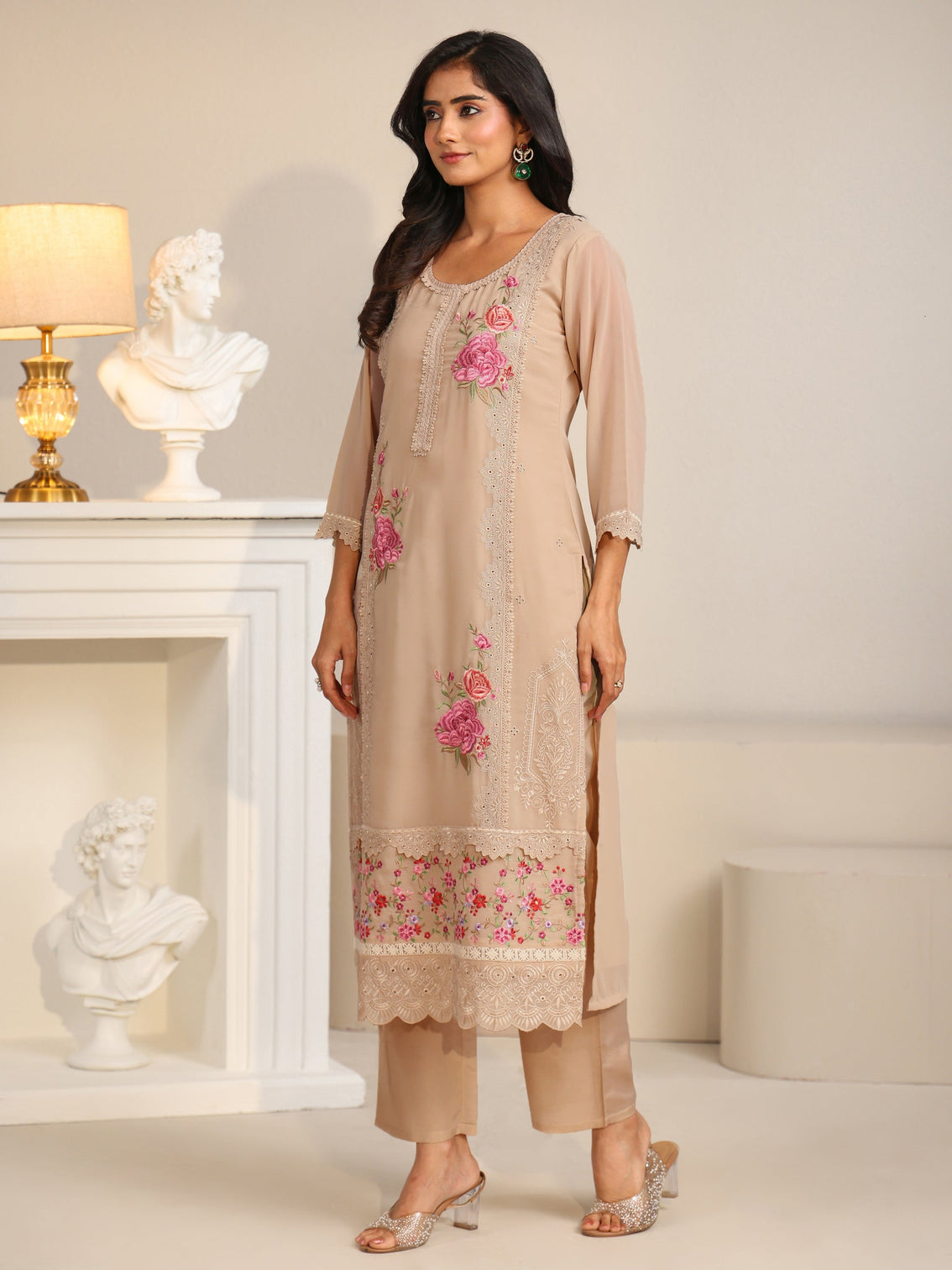 Mameraa Beige Floral Embroidered Georgette Straight Suit Set