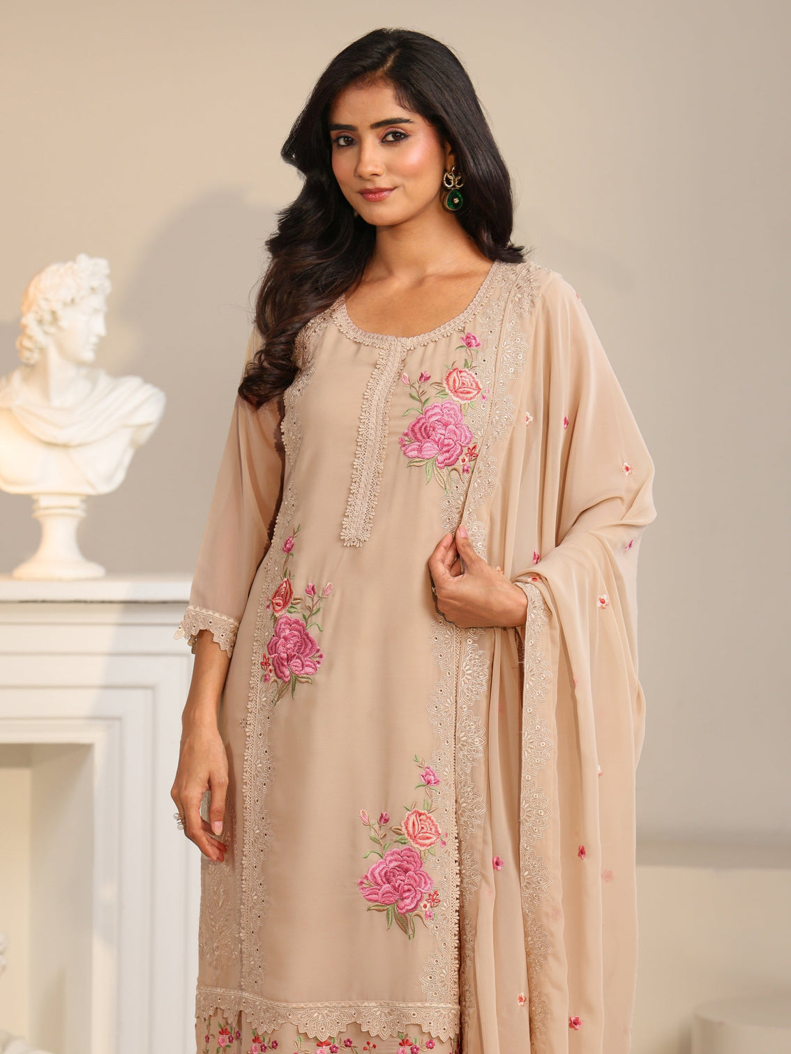 Mameraa Beige Floral Embroidered Georgette Straight Suit Set
