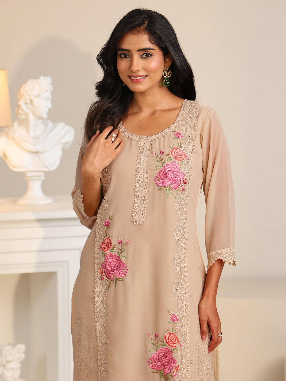 Mameraa Beige Floral Embroidered Georgette Straight Suit Set