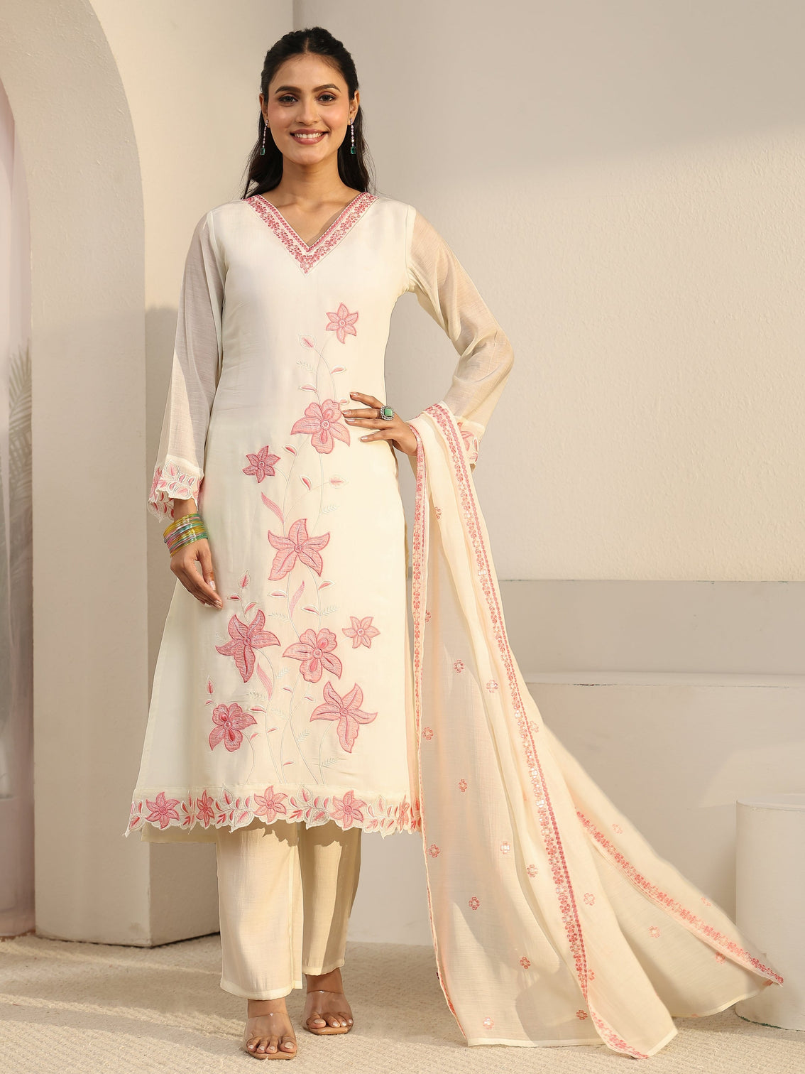 Mameraa White Floral Embroidered Chanderi Cotton Straight Suit Set