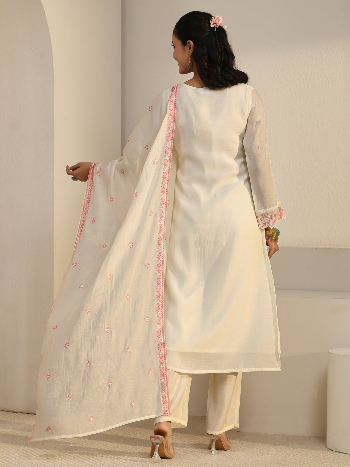 Mameraa White Floral Embroidered Chanderi Cotton Straight Suit Set