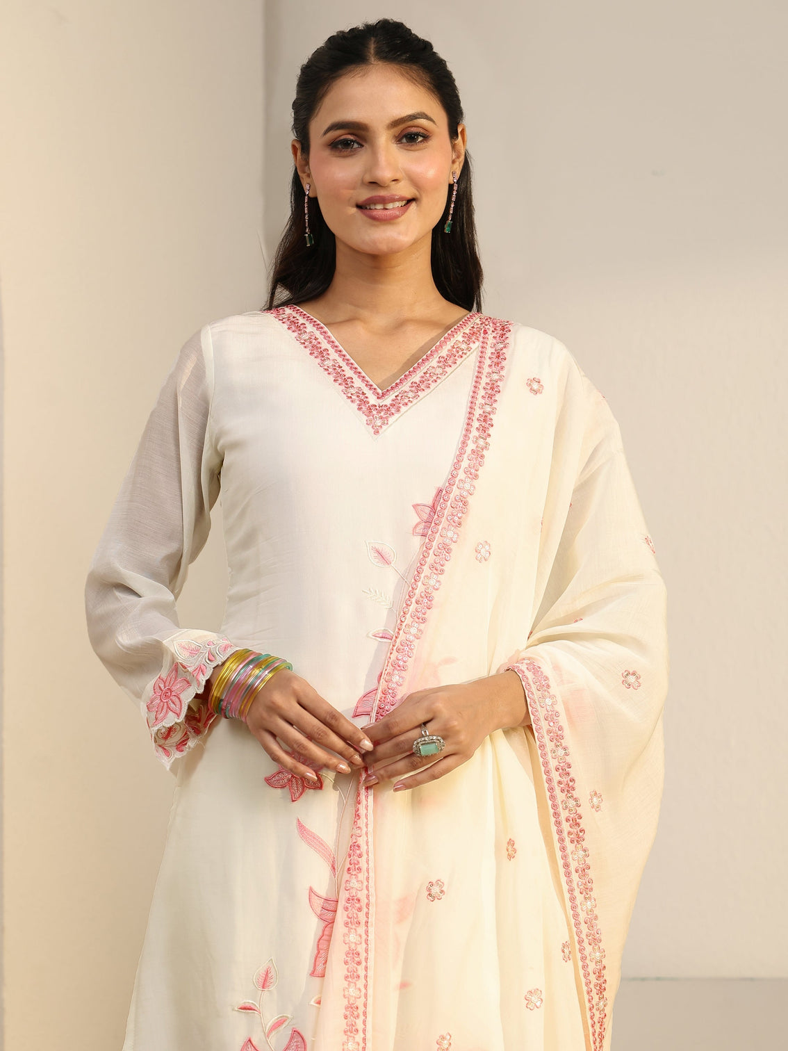 Mameraa White Floral Embroidered Chanderi Cotton Straight Suit Set