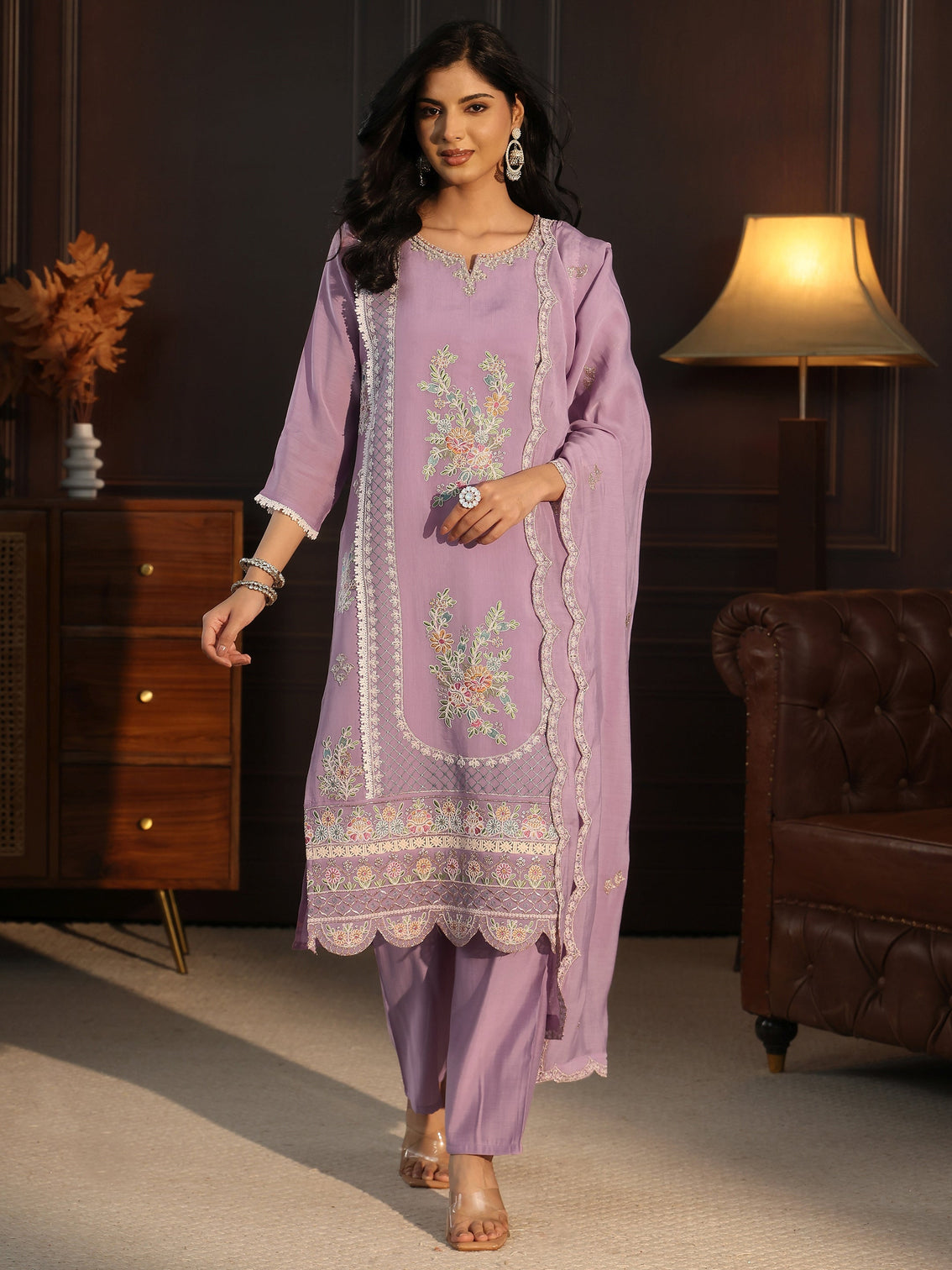Mameraa Lavender Floral Embroidered Chanderi Cotton Straight Suit Set