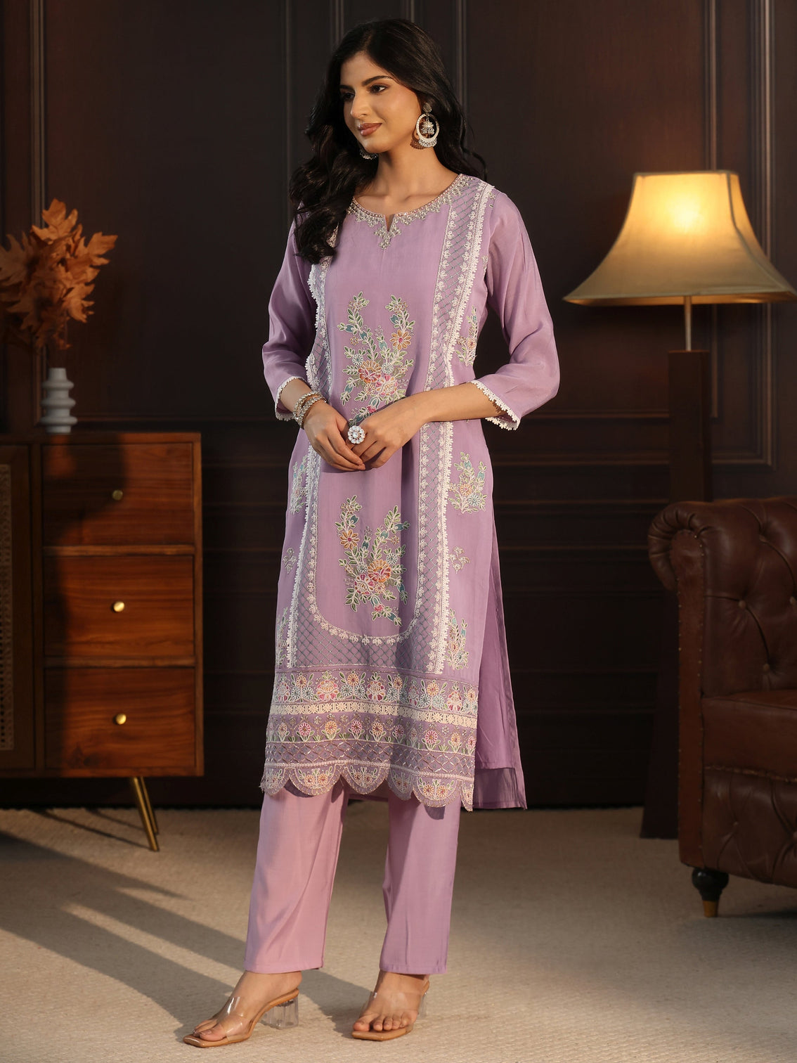 Mameraa Lavender Floral Embroidered Chanderi Cotton Straight Suit Set