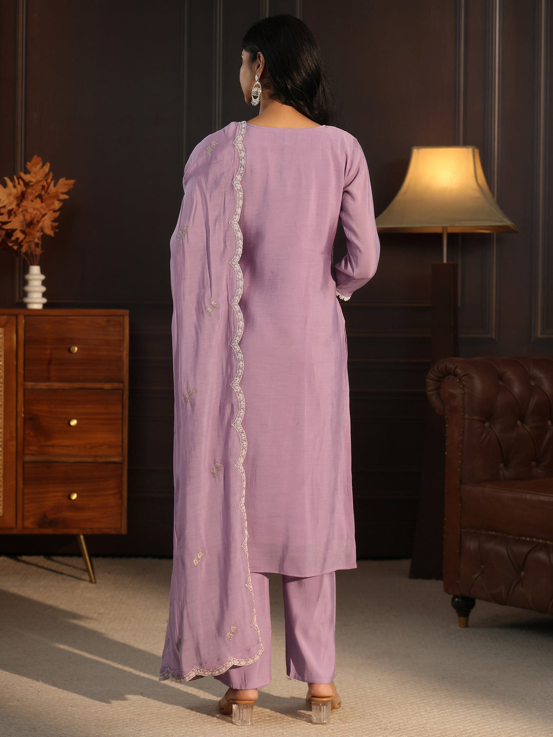 Mameraa Lavender Floral Embroidered Chanderi Cotton Straight Suit Set