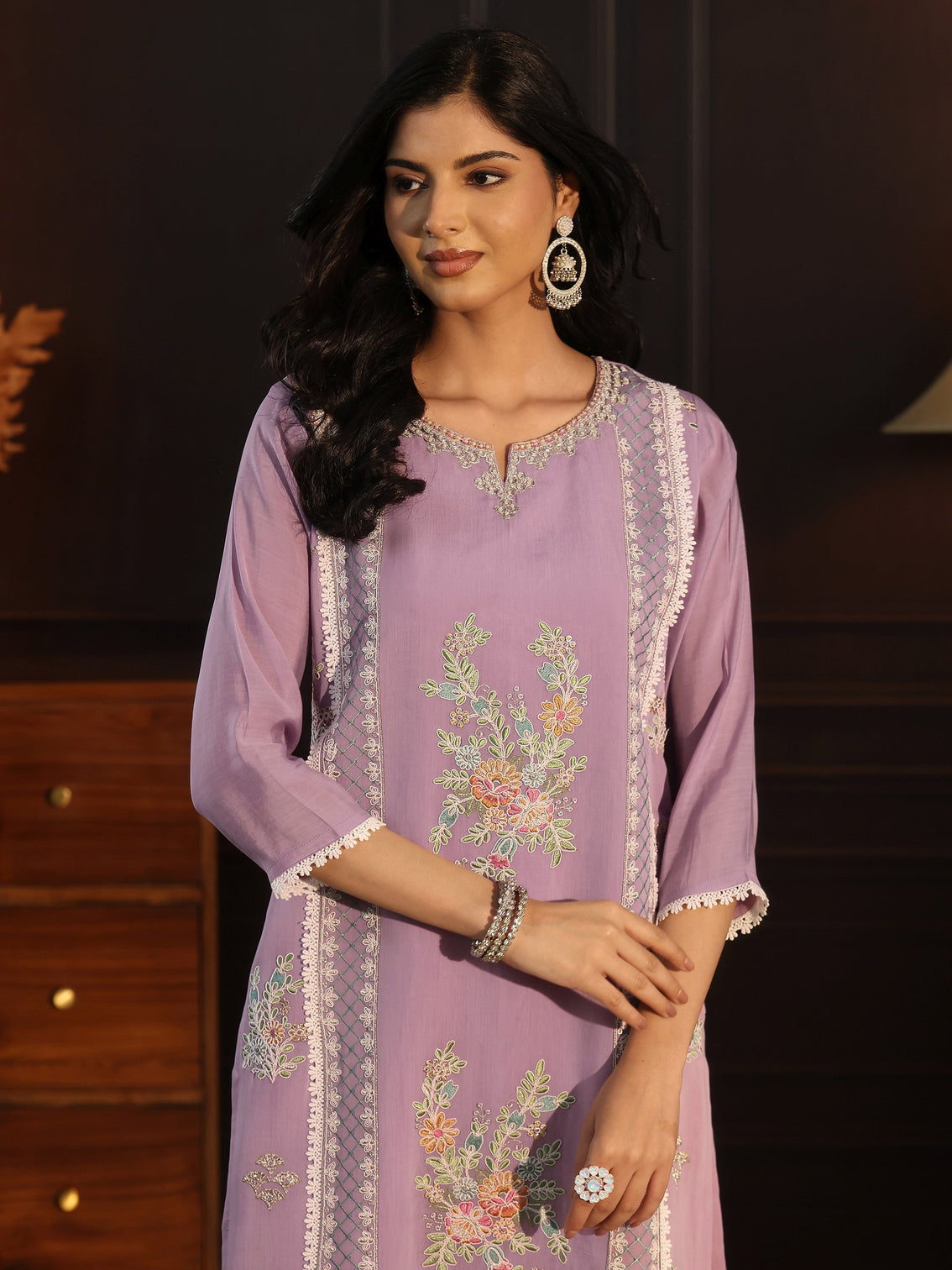 Mameraa Lavender Floral Embroidered Chanderi Cotton Straight Suit Set
