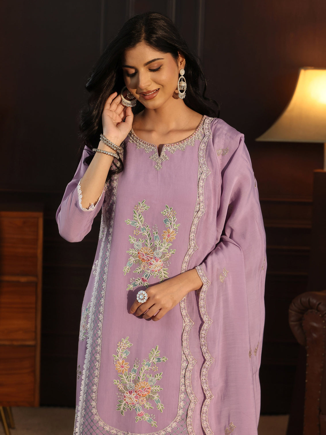 Mameraa Lavender Floral Embroidered Chanderi Cotton Straight Suit Set