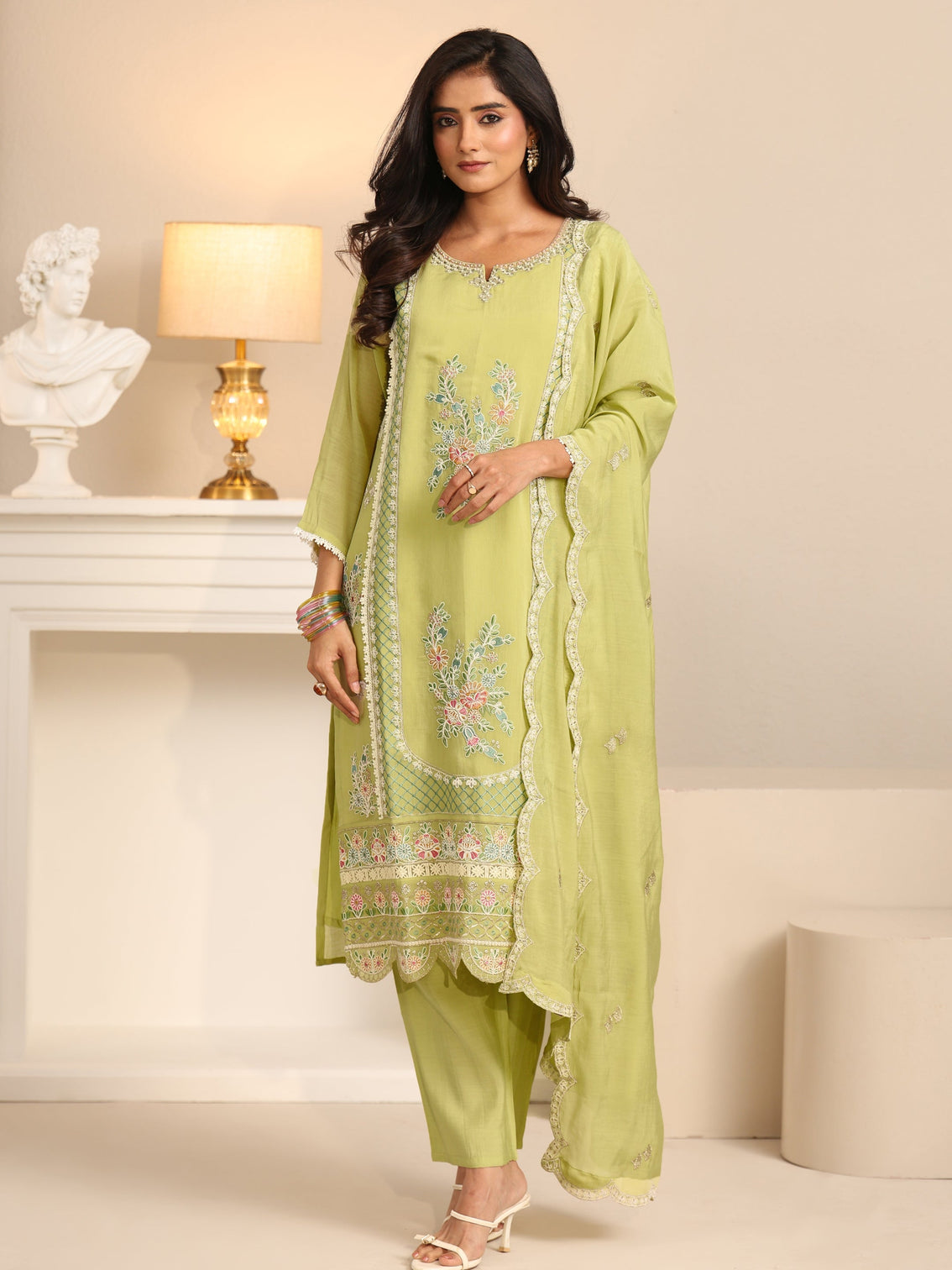 Mameraa Pista Green Floral Embroidered Chanderi Cotton Straight Suit Set