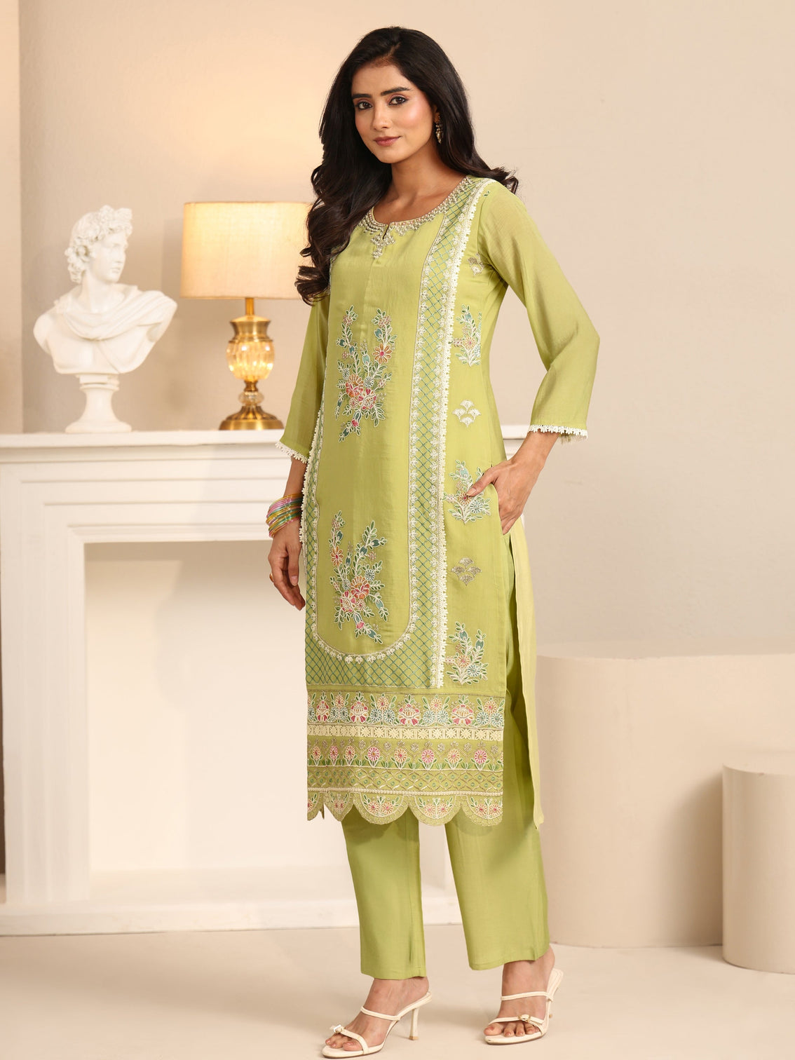 Mameraa Pista Green Floral Embroidered Chanderi Cotton Straight Suit Set