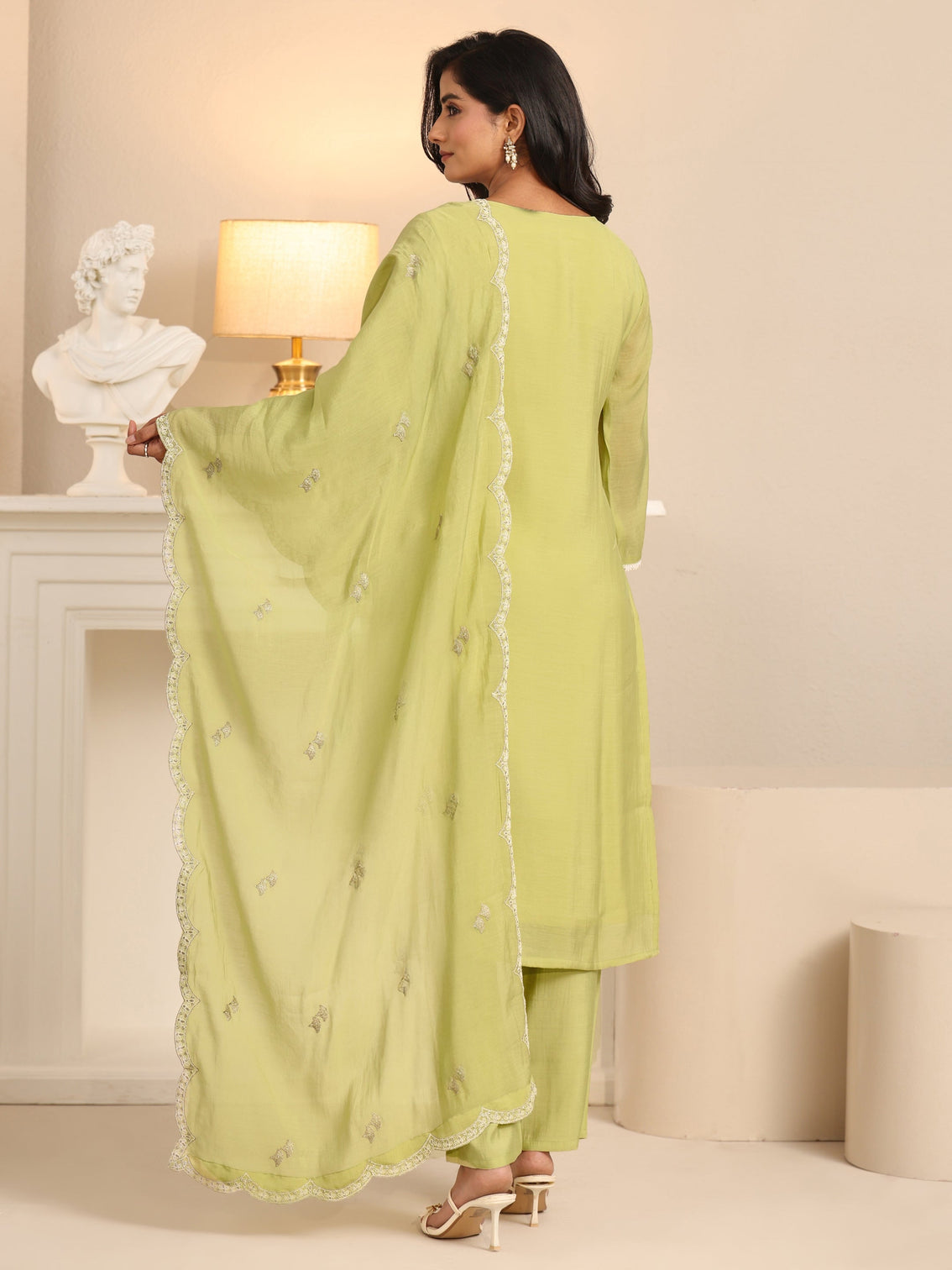 Mameraa Pista Green Floral Embroidered Chanderi Cotton Straight Suit Set