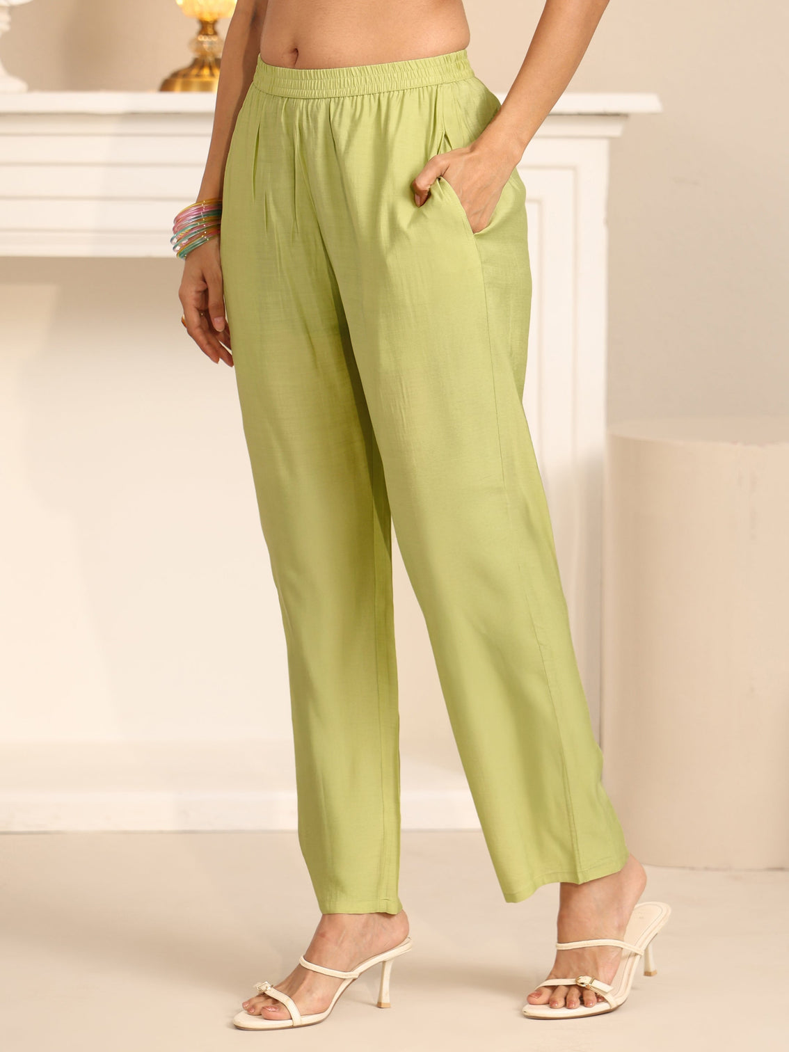 Mameraa Pista Green Floral Embroidered Chanderi Cotton Straight Suit Set