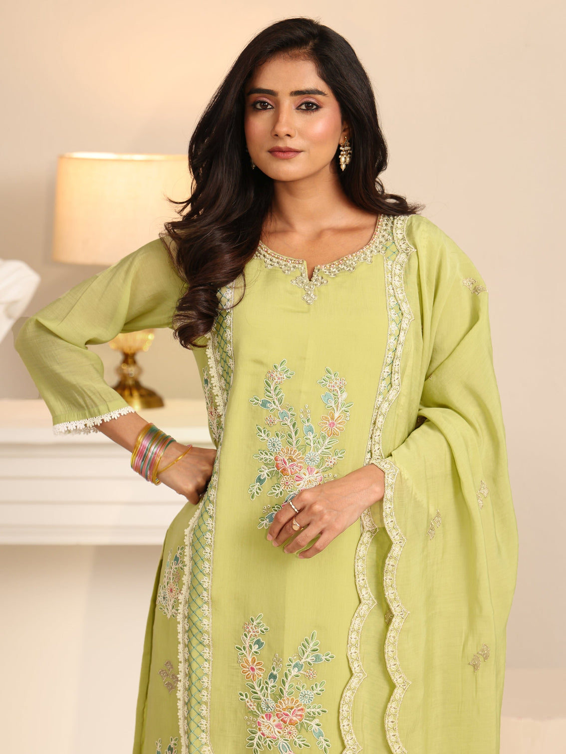 Mameraa Pista Green Floral Embroidered Chanderi Cotton Straight Suit Set