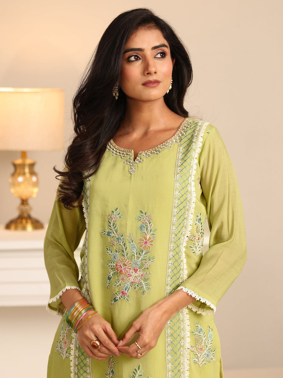 Mameraa Pista Green Floral Embroidered Chanderi Cotton Straight Suit Set