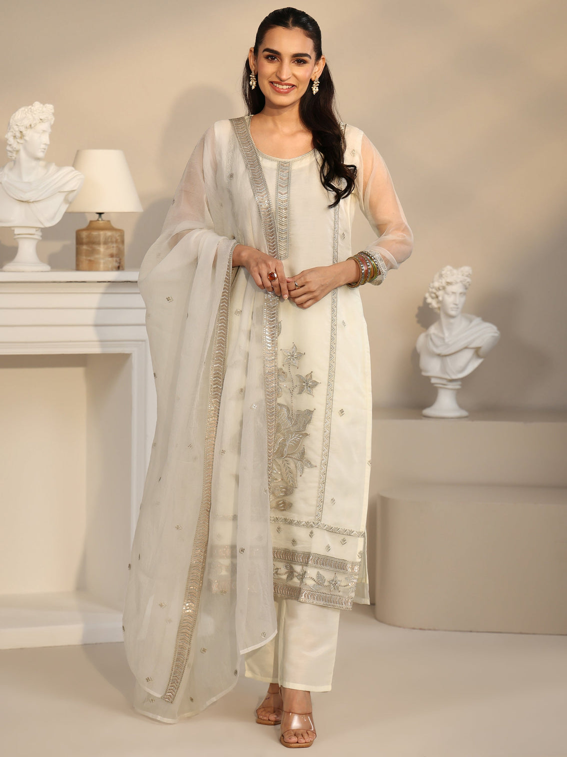 Mameraa Off White Floral Embellished Organza Straight Suit Set