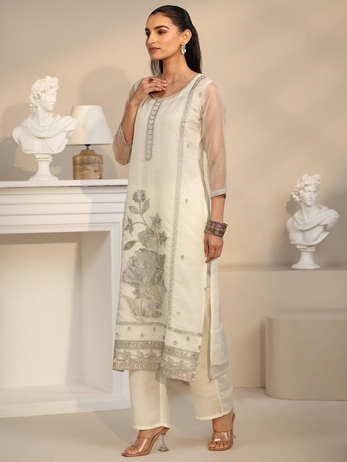 Mameraa Off White Floral Embellished Organza Straight Suit Set