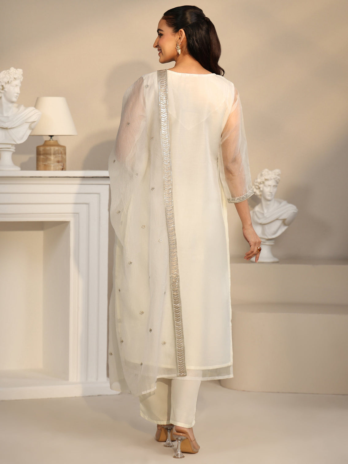 Mameraa Off White Floral Embellished Organza Straight Suit Set