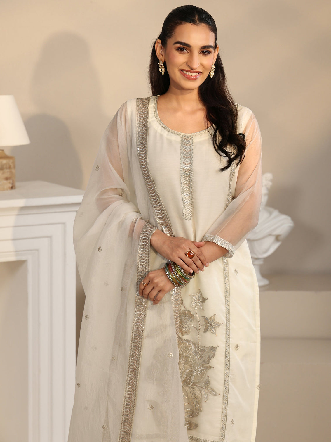 Mameraa Off White Floral Embellished Organza Straight Suit Set